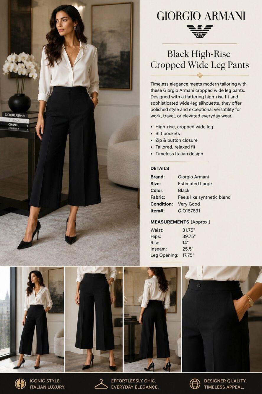 Giorgio Armani Black High-Rise Cropped Wide Leg Pants Designer Luxury L